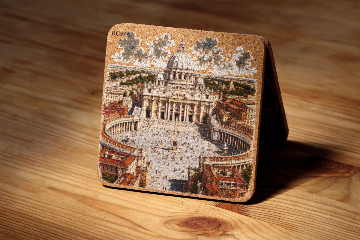 RomAntica Design cork coaster Saint Peter's Square aerial view illustration — Vatican Rome souvenir 10x10cm