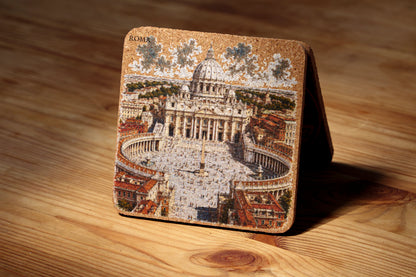 RomAntica Design cork coaster Saint Peter's Square aerial view illustration — Vatican Rome souvenir 10x10cm