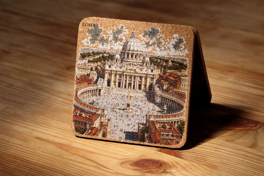 RomAntica Design cork coaster Saint Peter's Square aerial view illustration — Vatican Rome souvenir 10x10cm