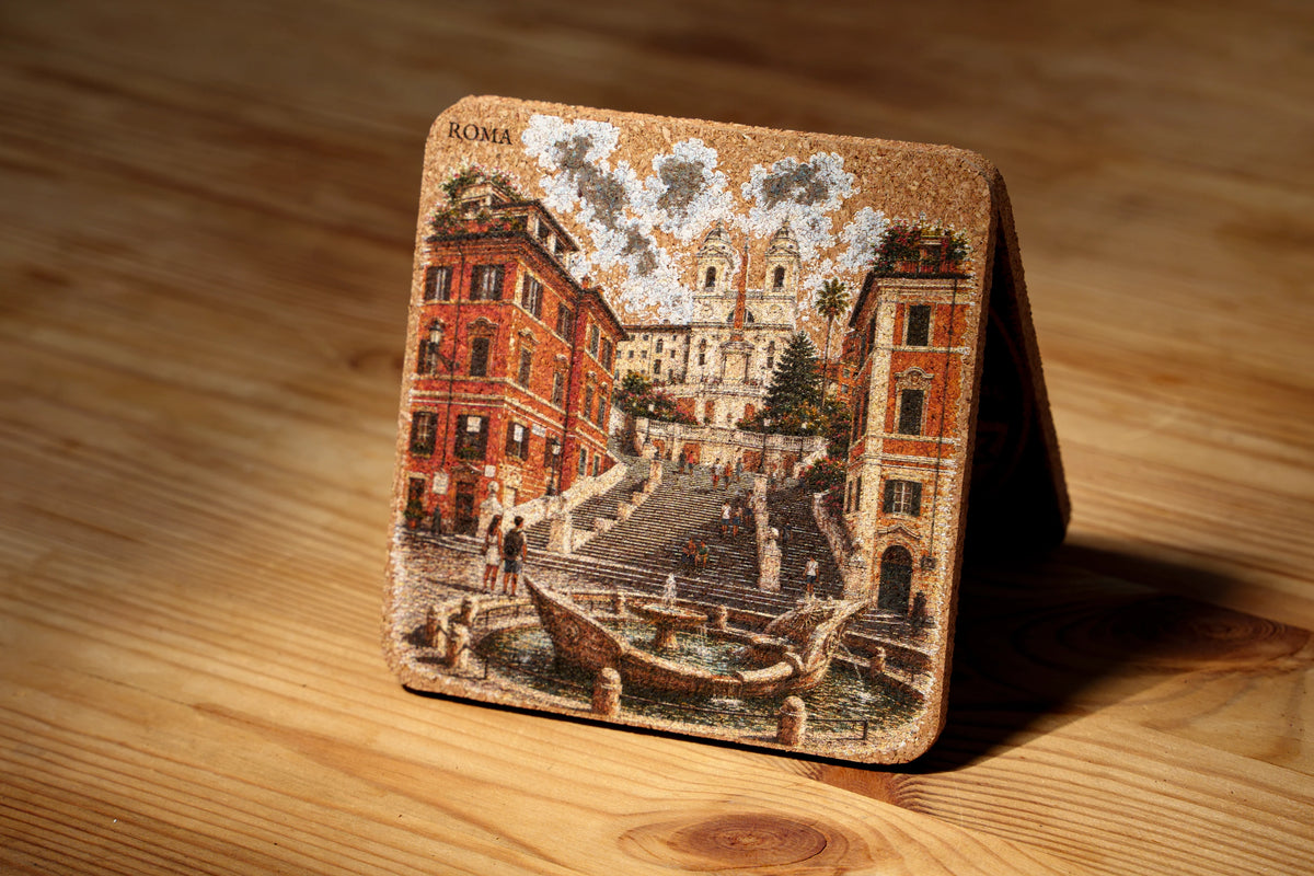 RomAntica Design cork coaster Spanish Steps Piazza di Spagna designed on natural cork Rome souvenir 10x10cm