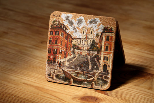 RomAntica Design cork coaster Spanish Steps Piazza di Spagna designed on natural cork Rome souvenir 10x10cm