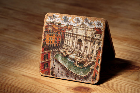 RomAntica Design cork coaster with Trevi Fountain illustration — natural cork Rome souvenir 10x10cm
