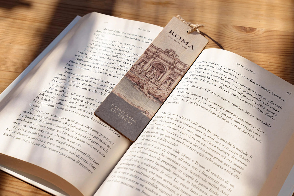 RomAntica Design wood bookmark Trevi Fountain illustration — natural wood Rome souvenir
