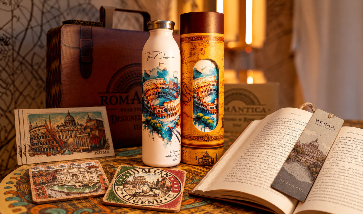 Full RomAntica Design collection on a vintage map-patterned surface: white thermal bottle with Colosseum watercolor illustration and cylindrical gift tube packaging, two cork coasters featuring Trevi Fountain and Italian Legend designs, San Pietro wooden bookmark resting on an open book, Rome postcards in the background. Warm ambient light, vintage leather suitcase with RomAntica Design