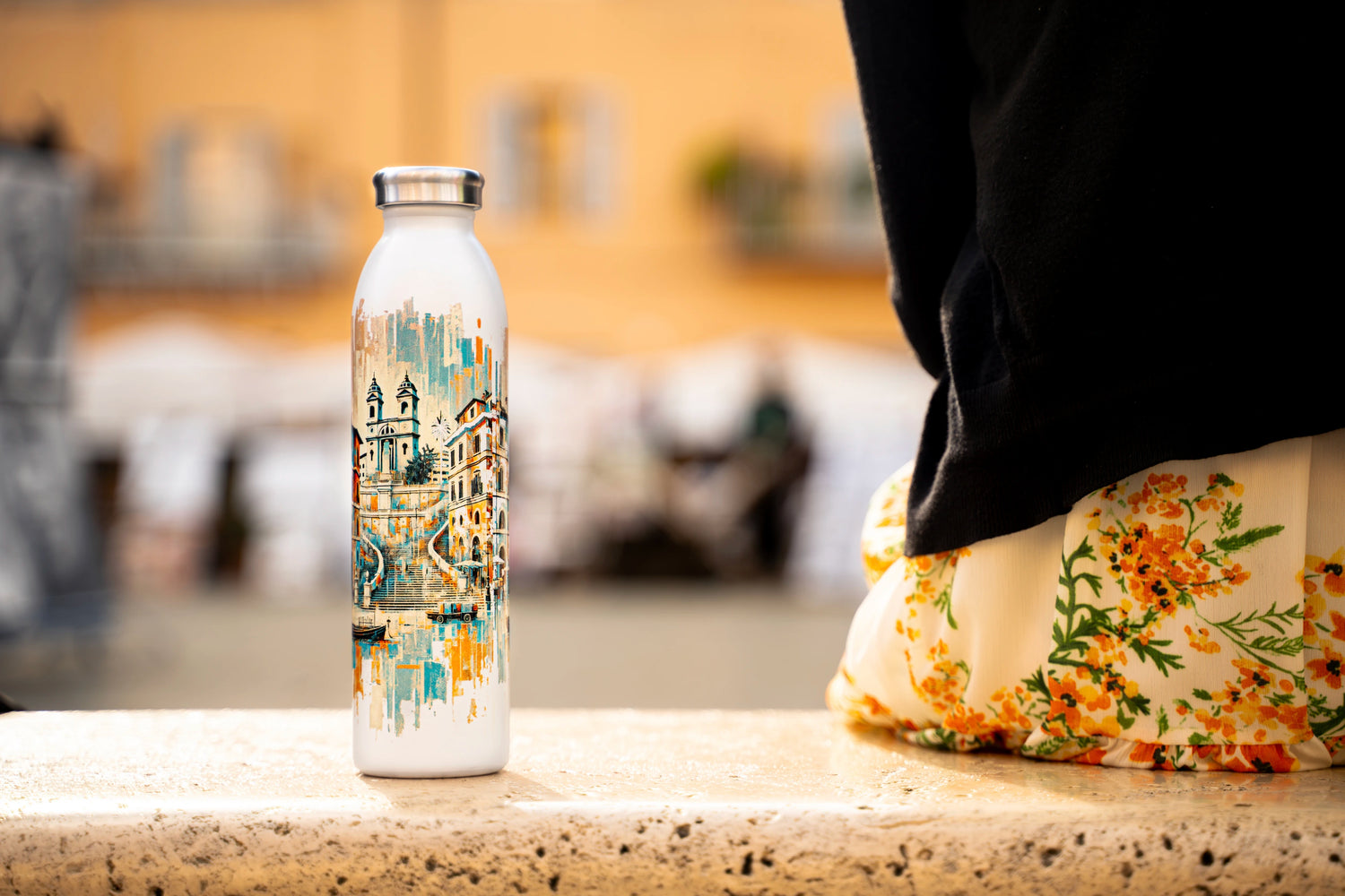 RomAntica Design luxury thermal water bottle inspired by [Spanish Steps] in Rome - premium Italian souvenir with exclusive packaging